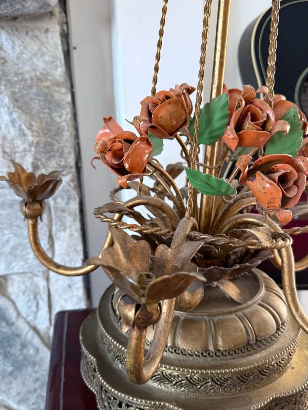 Vintage Italian Hollywood Regency Gold Gilt Rose Chandelier Candle Holder Lamp